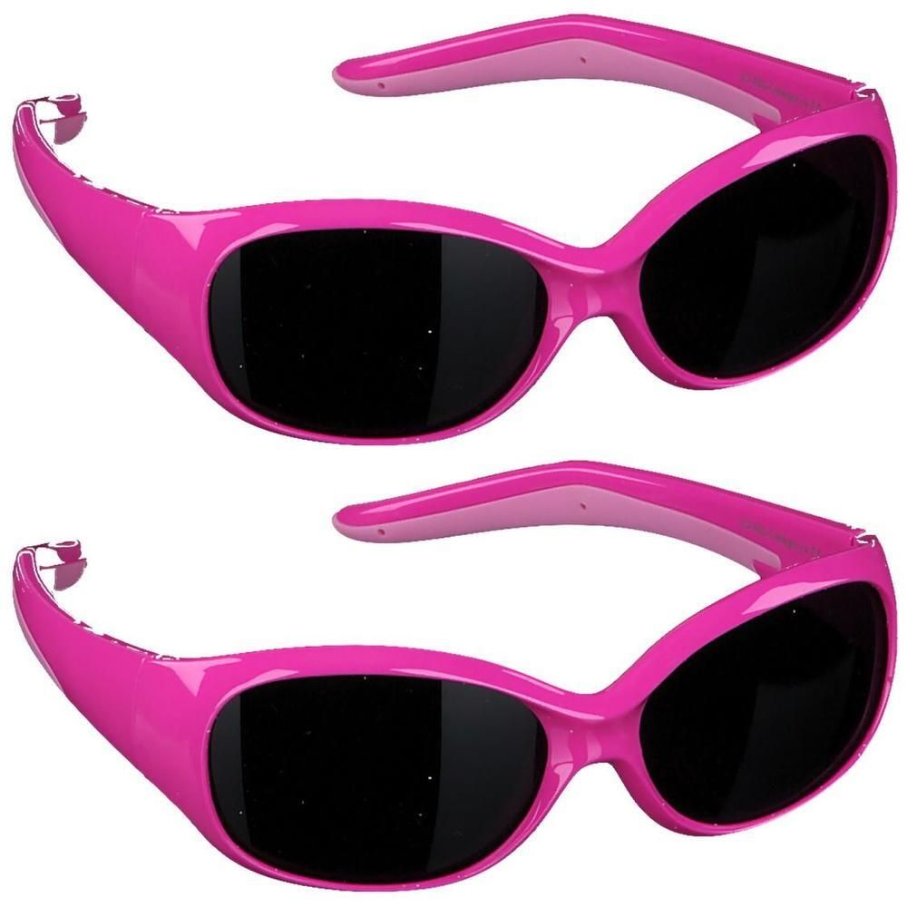 Deux paires de lunettes de soleil roses avec verres noirs et branches larges.