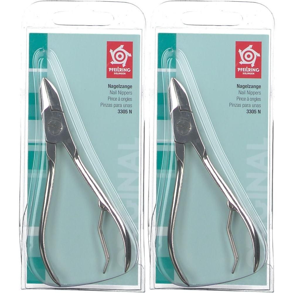 Twee paar metalen nagelknippers in blisterverpakking. Merk Pfeilring.