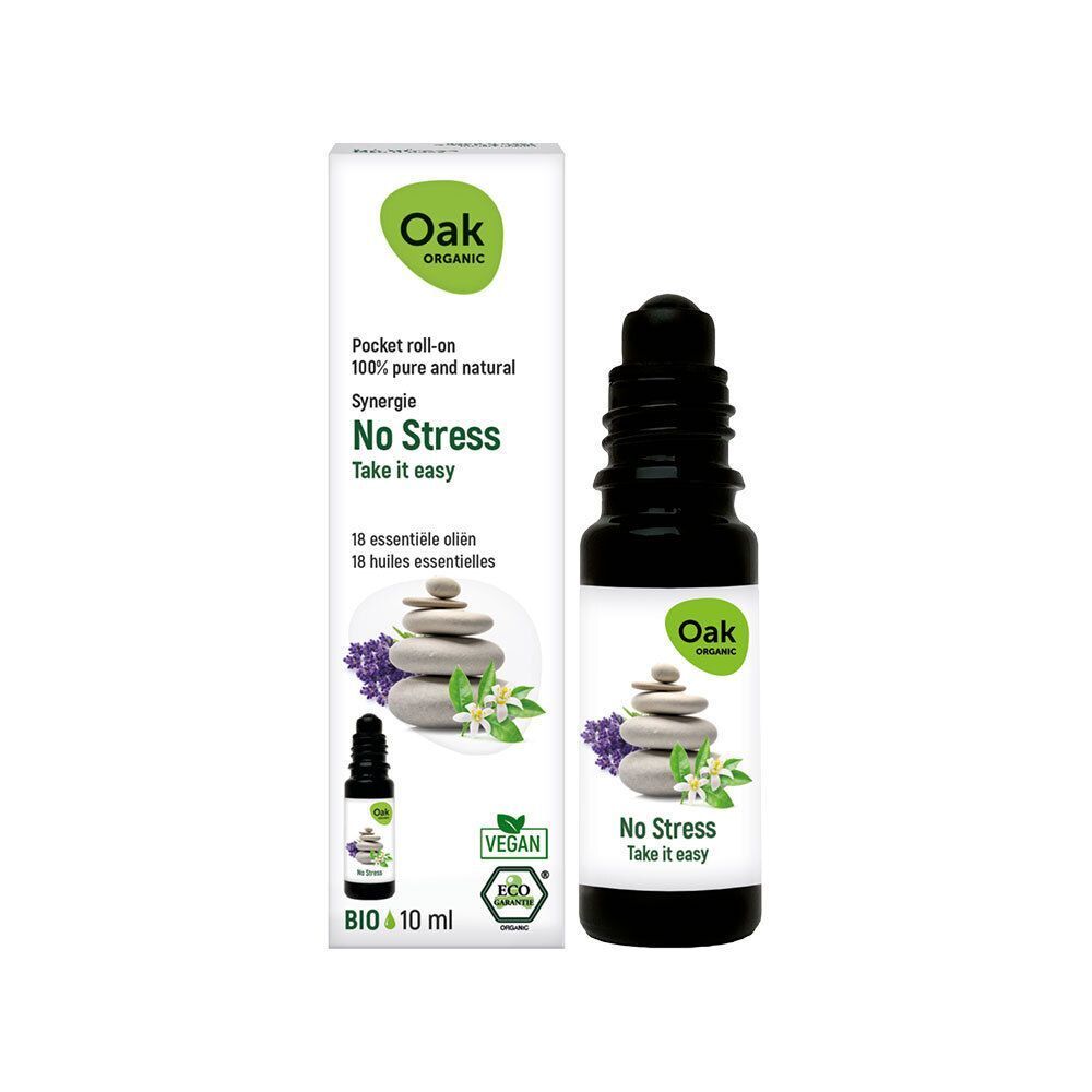 Flacon roll-on noir et emballage pour "Oak Organic No Stress" avec sceaux "Vegan" et "ECO CERT".