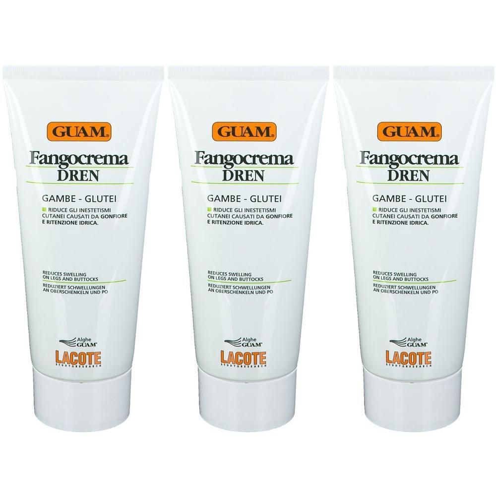 Trois tubes de Fangocrema Dren GUAM avec inscription blanche et logo GUAM orange.