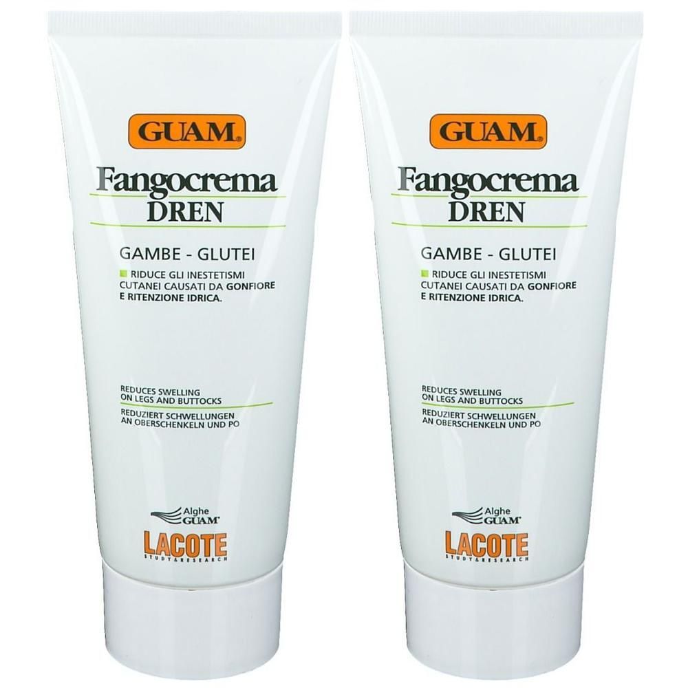 Twee witte tubes GUAM Fangocrema DREN voor benen en billen. Vermindert zwellingen.