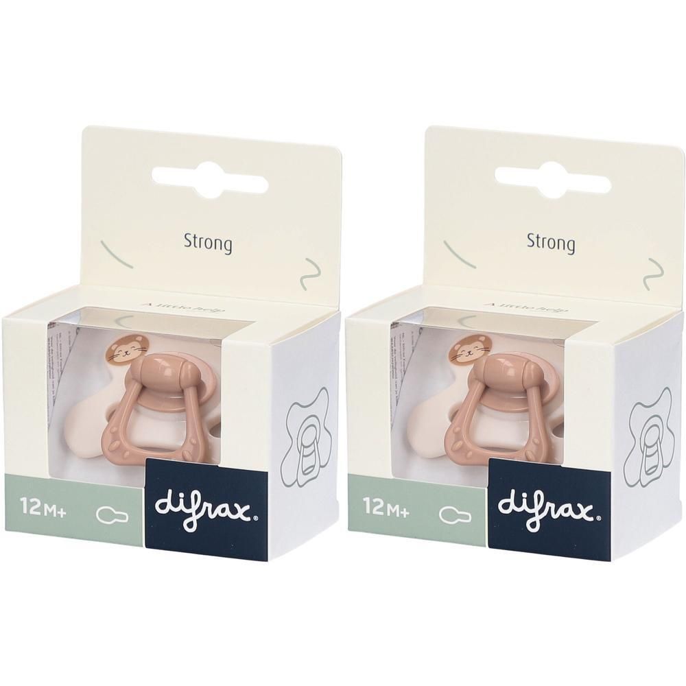 Twee Difrax fopspeen roze, 12M+, in verpakking.