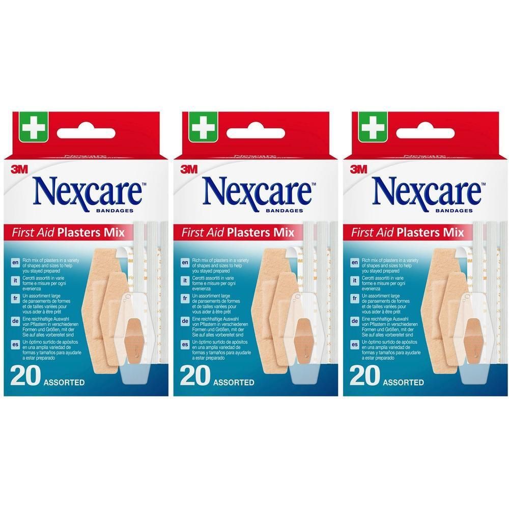 Drie pakken Nexcare Pleister Mix, 20 per pak.
