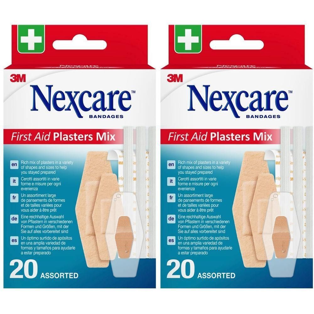 Twee pakken Nexcare Pleisters Mix, 20 stuks.