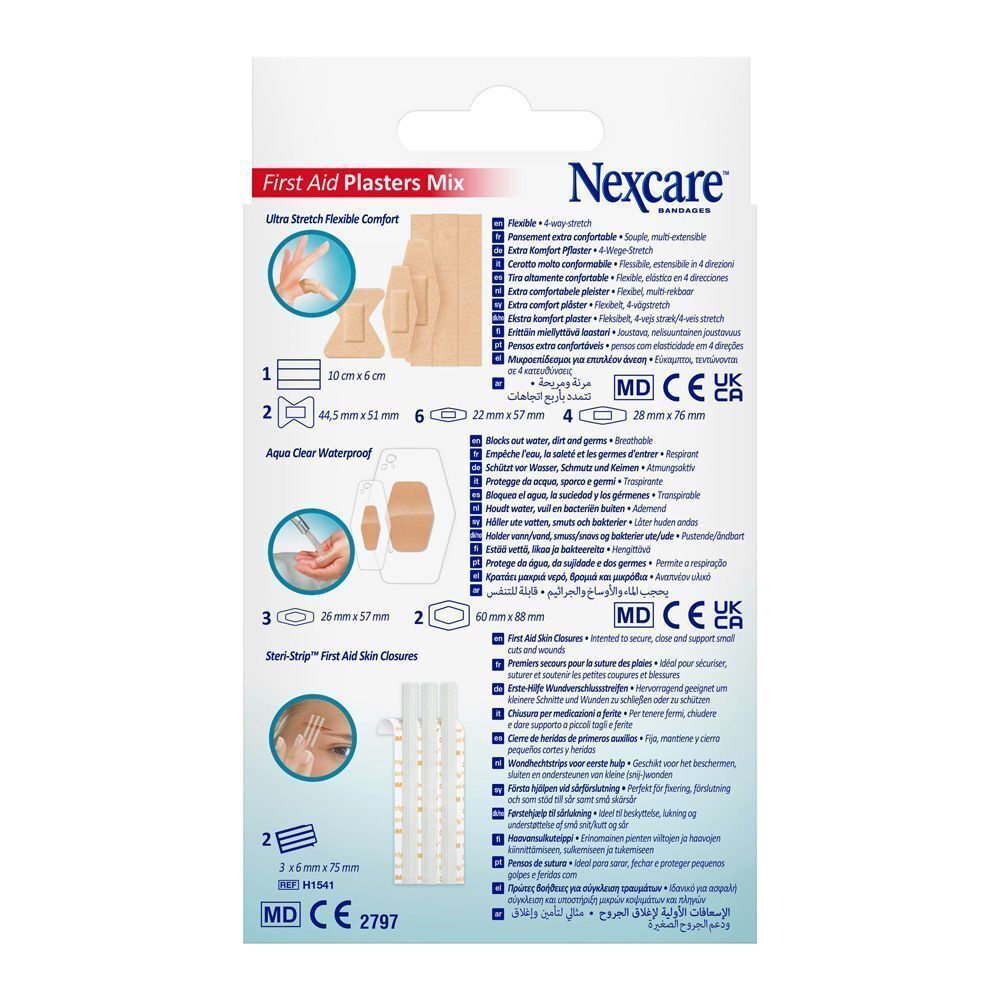 Arrière d'un paquet de pansements Nexcare Mix avec tailles.