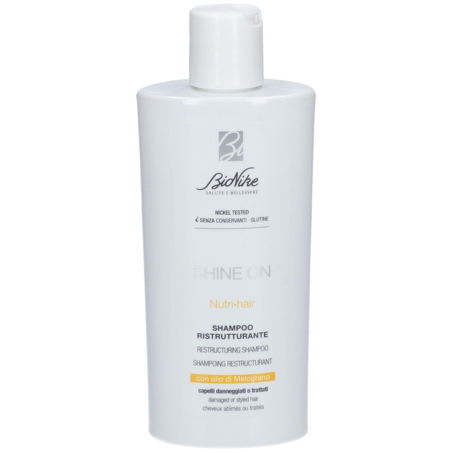 Bionike Shine On Nutri-hair Shampooing: flacon blanc avec bouchon blanc. Shampooing restructurant pour cheveux abîmés.