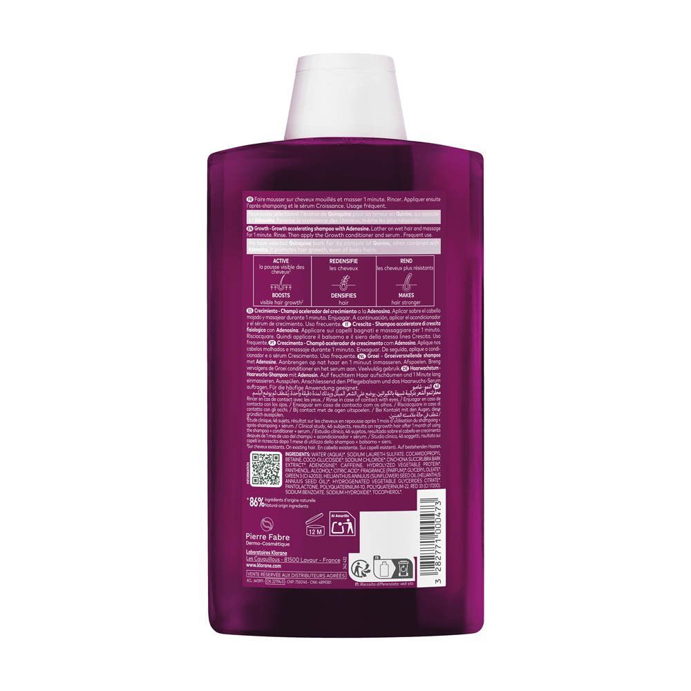 Arrière d'un flacon de shampoing Klorane Croissance, informations détaillées et icônes.