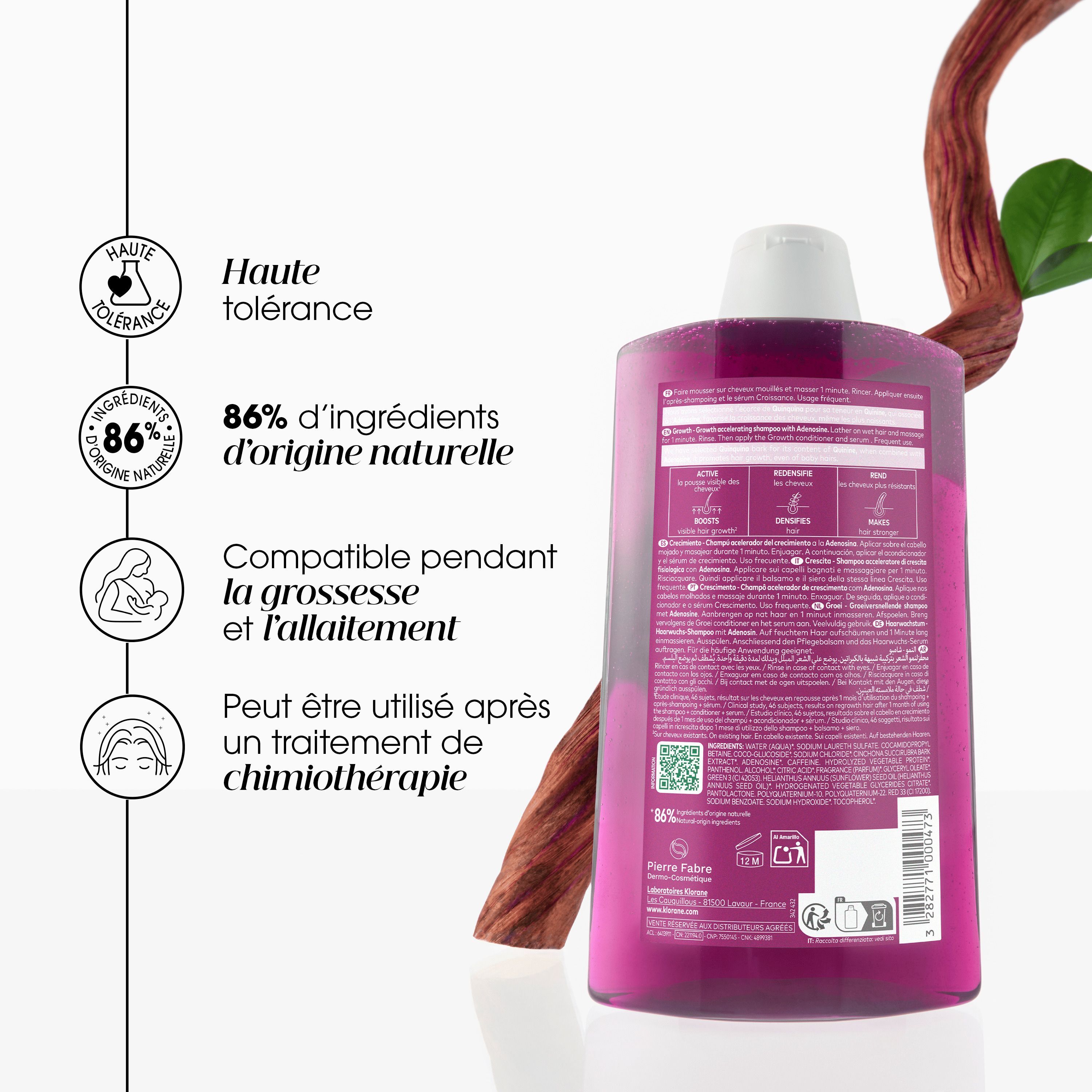 Flacon de shampoing Klorane Croissance avec icônes de haute tolérance et ingrédients naturels.