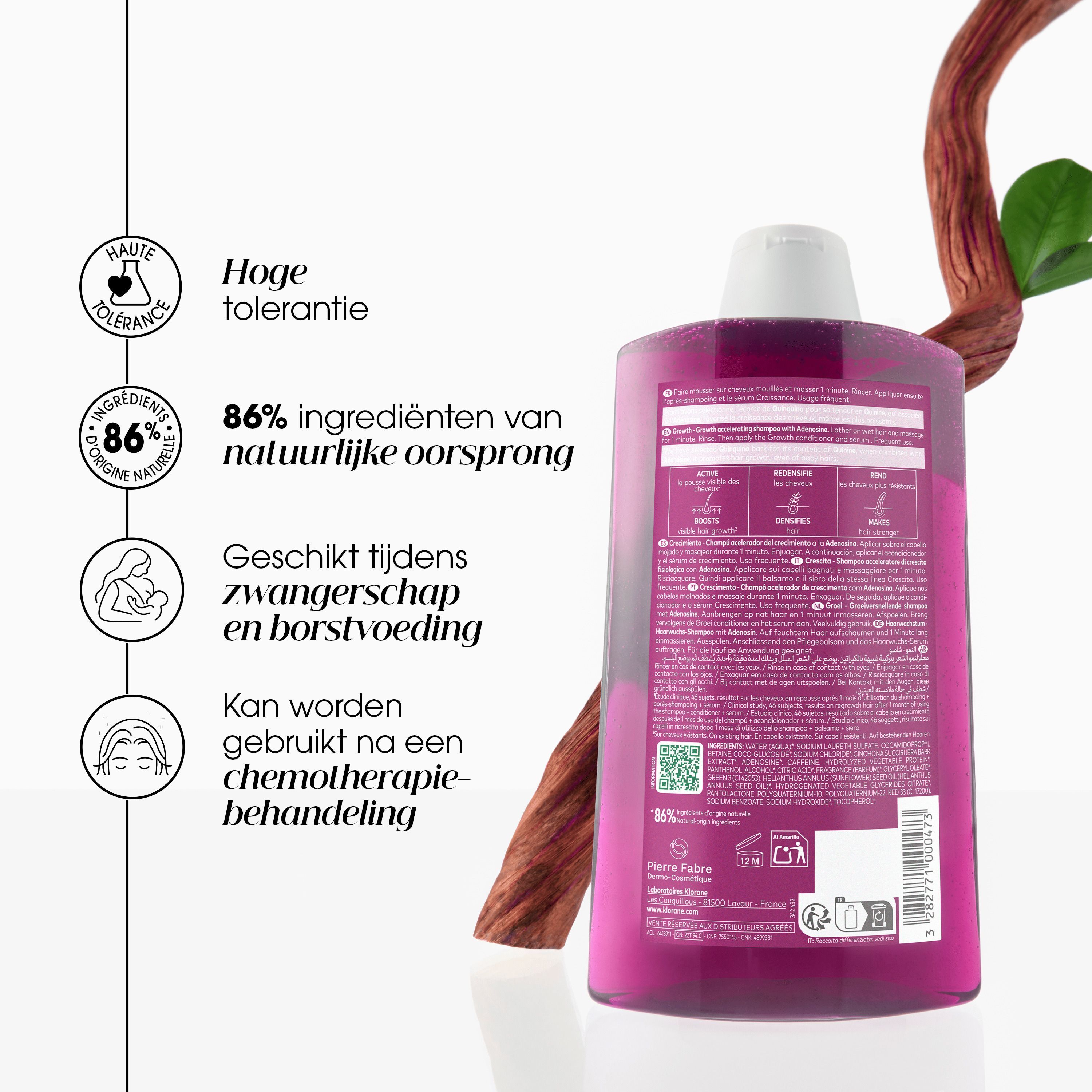 Klorane Groei shampoo fles met iconen voor hoge tolerantie en natuurlijke ingrediënten.