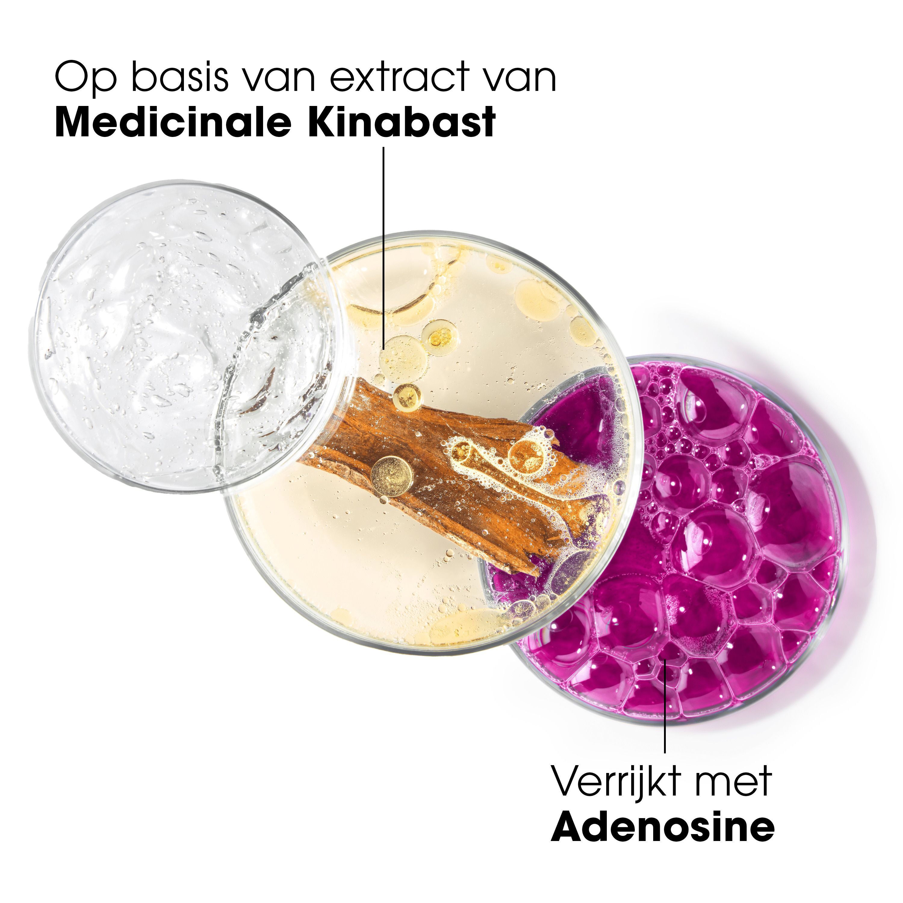 Monsters van kinine-extract en adenosine in petrischalen, paars schuim.