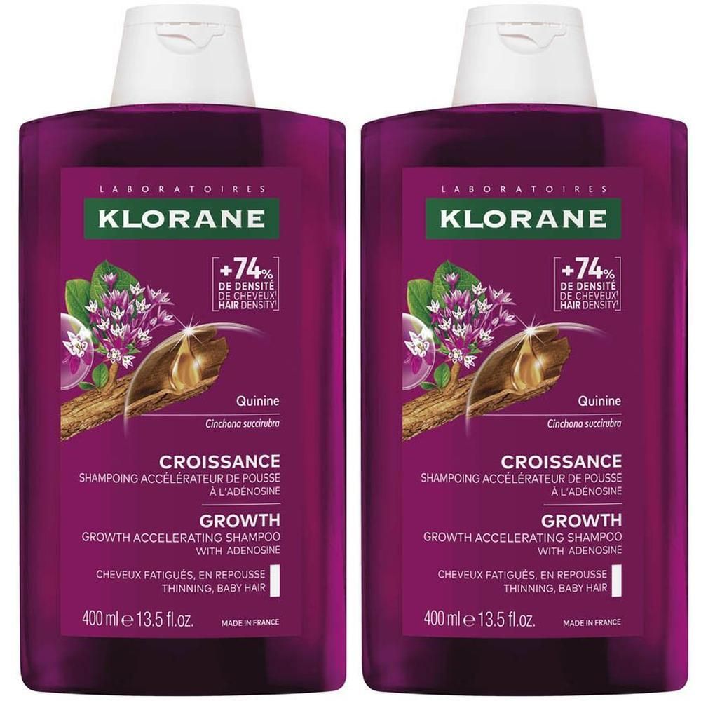 Deux flacons de shampoing Klorane Croissance à la quinine et à l'adénosine.