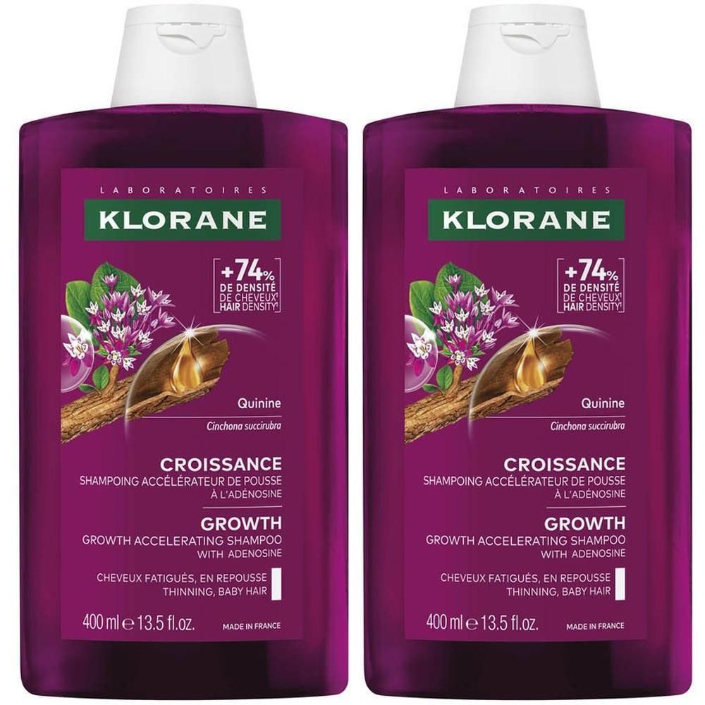 Twee flessen Klorane Groei shampoo met kinine en adenosine.