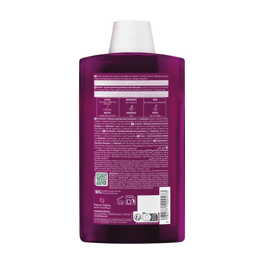 Achterkant van een fles Klorane Groei shampoo met ingrediënten en instructies.