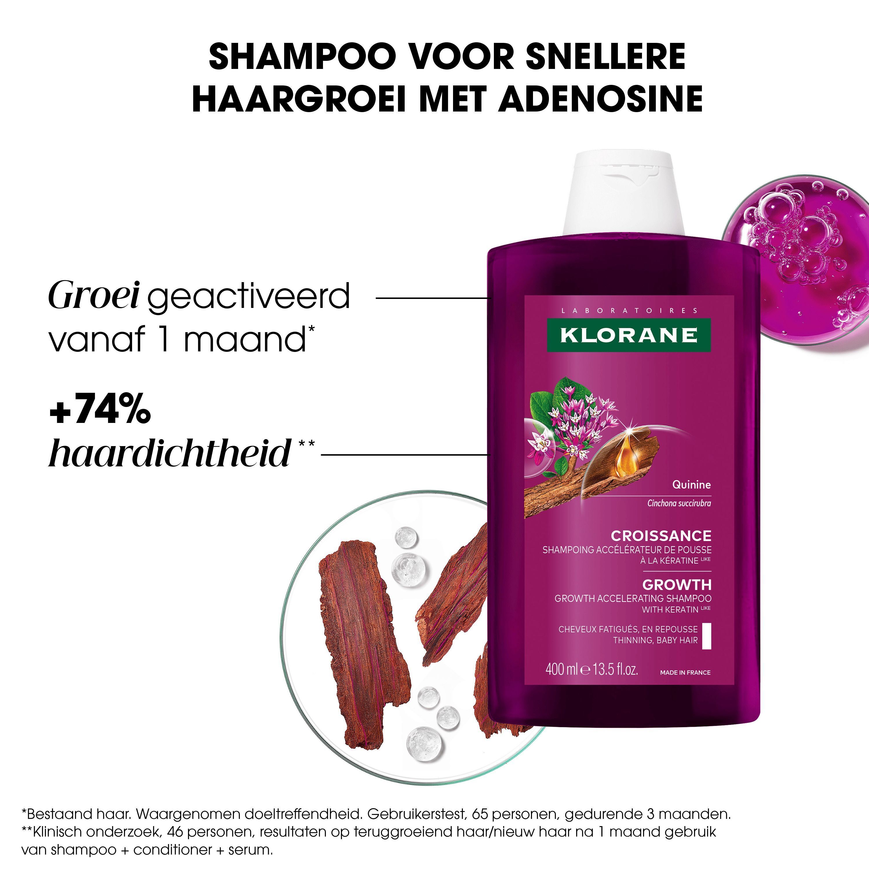 Klorane Groei shampoo met kinine en adenosine, activeert haargroei vanaf 1 maand.
