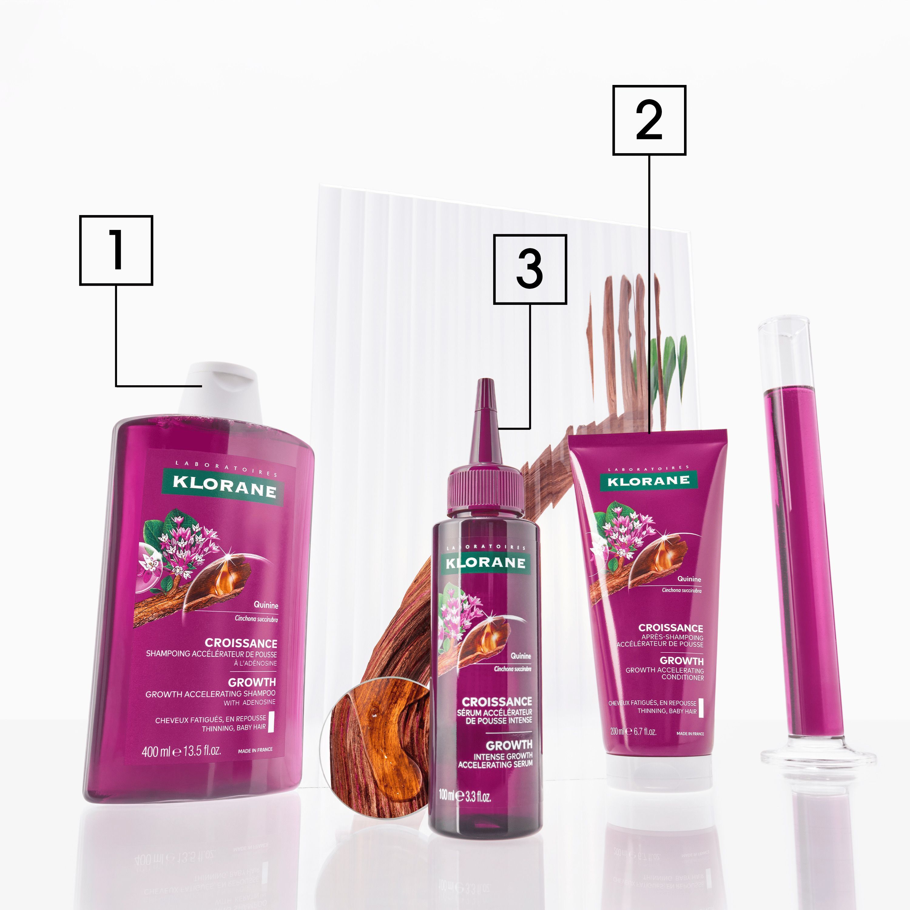 Gamme Klorane Croissance: Shampoing, soin, sérum.