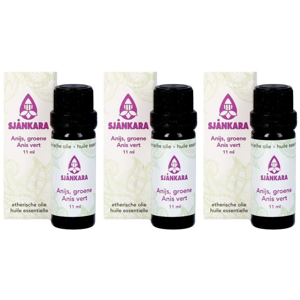 Drie flesjes Shankara etherische groene anijsolie, elk 11 ml.