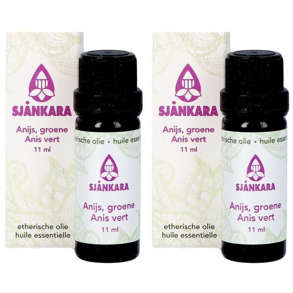 Twee flesjes groene anijs etherische olie van Shankara, elk 11 ml.