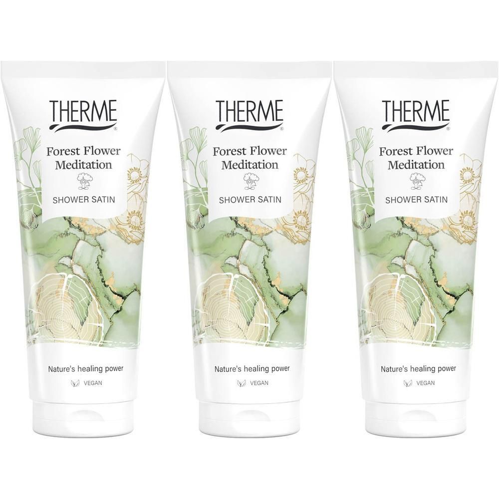 Drie tubes Douche Satin 'Forest Flower Meditation' van THERME met bloemenprint.