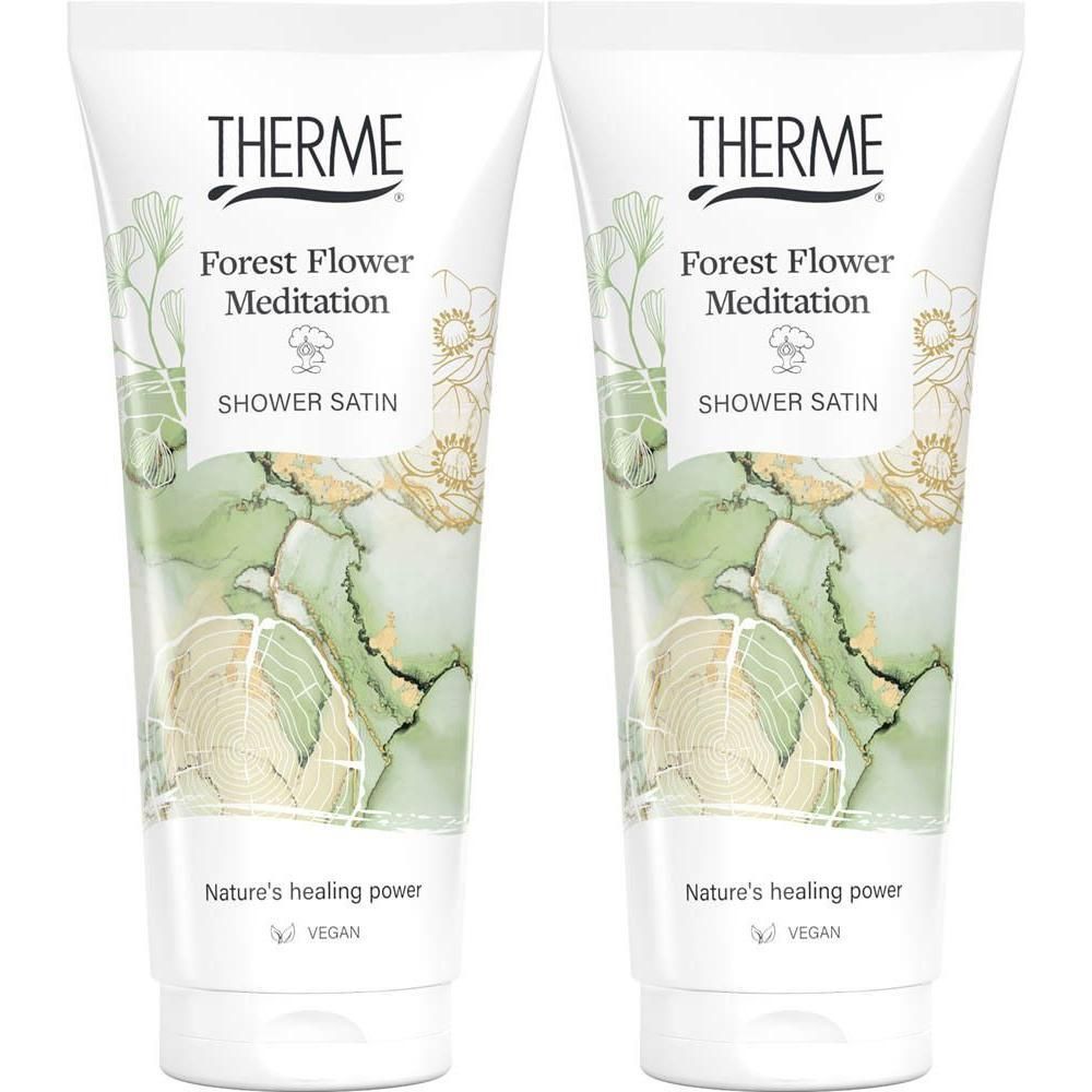 Twee tubes Shower Satin 'Forest Flower Meditation' van Therme met bloemenprint.