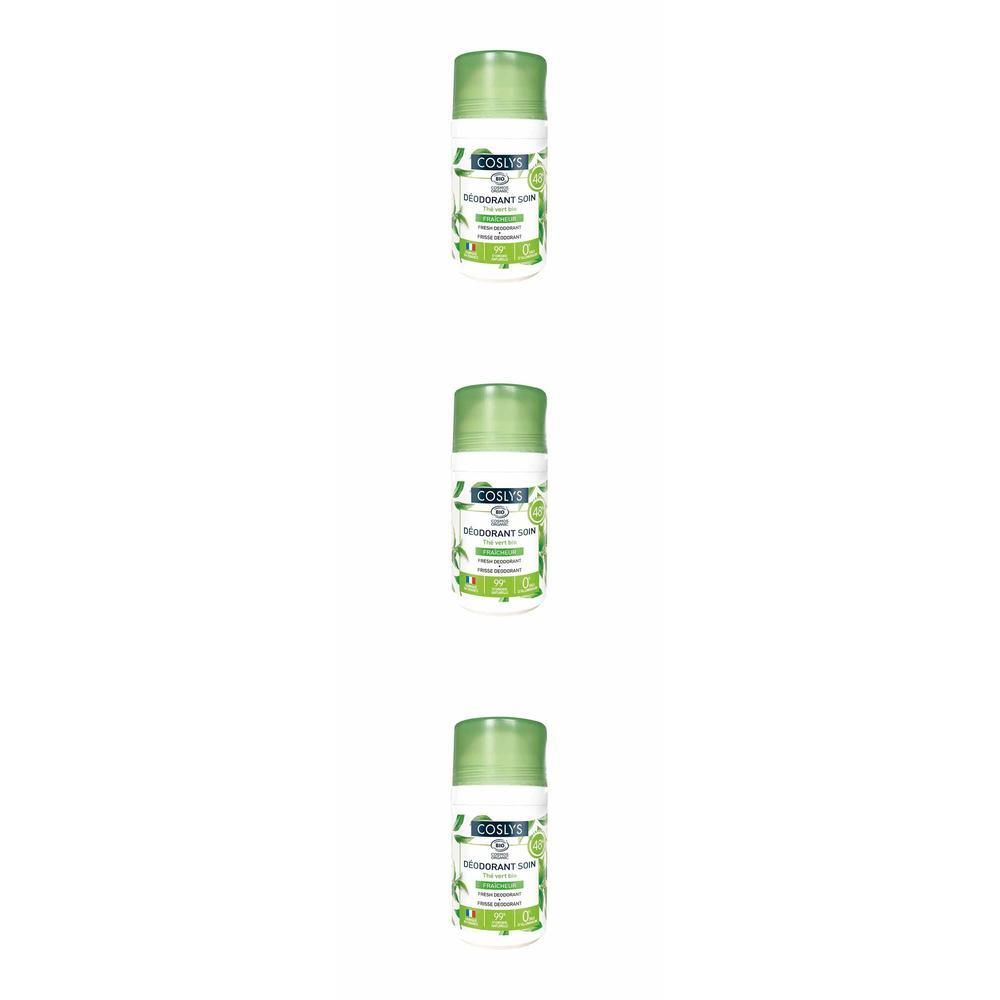 Déodorant soin fraîcheur COSLYS thé vert bio, flacon roll-on avec bouchon vert.