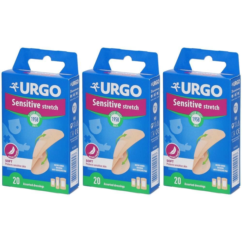 Trois paquets de pansements Urgo Sensitive Stretch, chacun contenant 20 pansements.