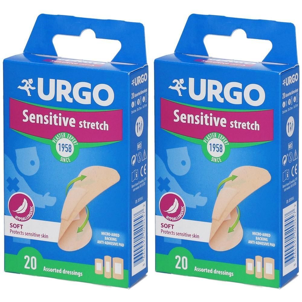 Deux boîtes de pansements Urgo Sensitive Stretch, 20 pansements par boîte. Hypoallergénique et doux.