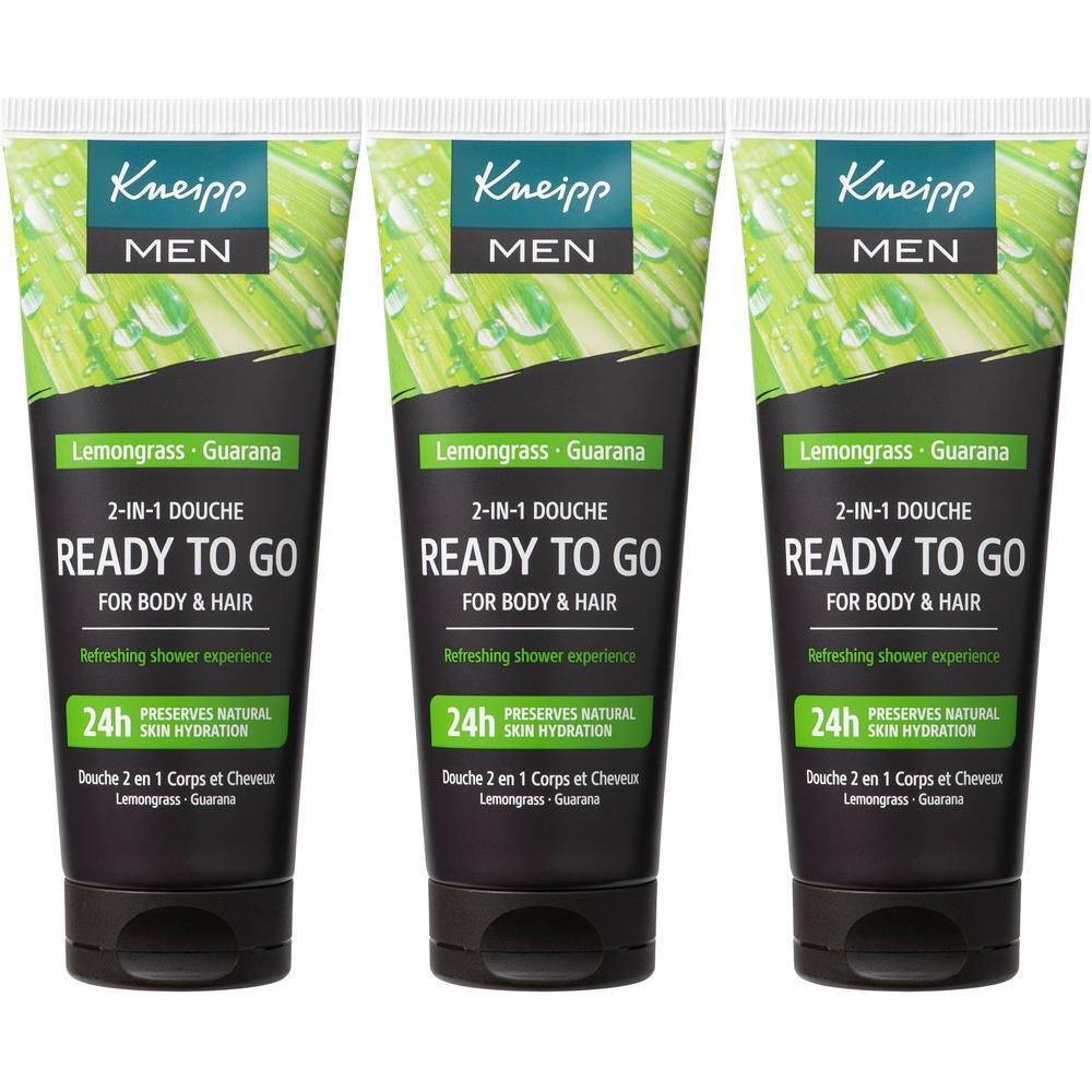 Trois tubes de gel douche 2-en-1 Kneipp pour corps et cheveux, Lemongrass et Guarana.