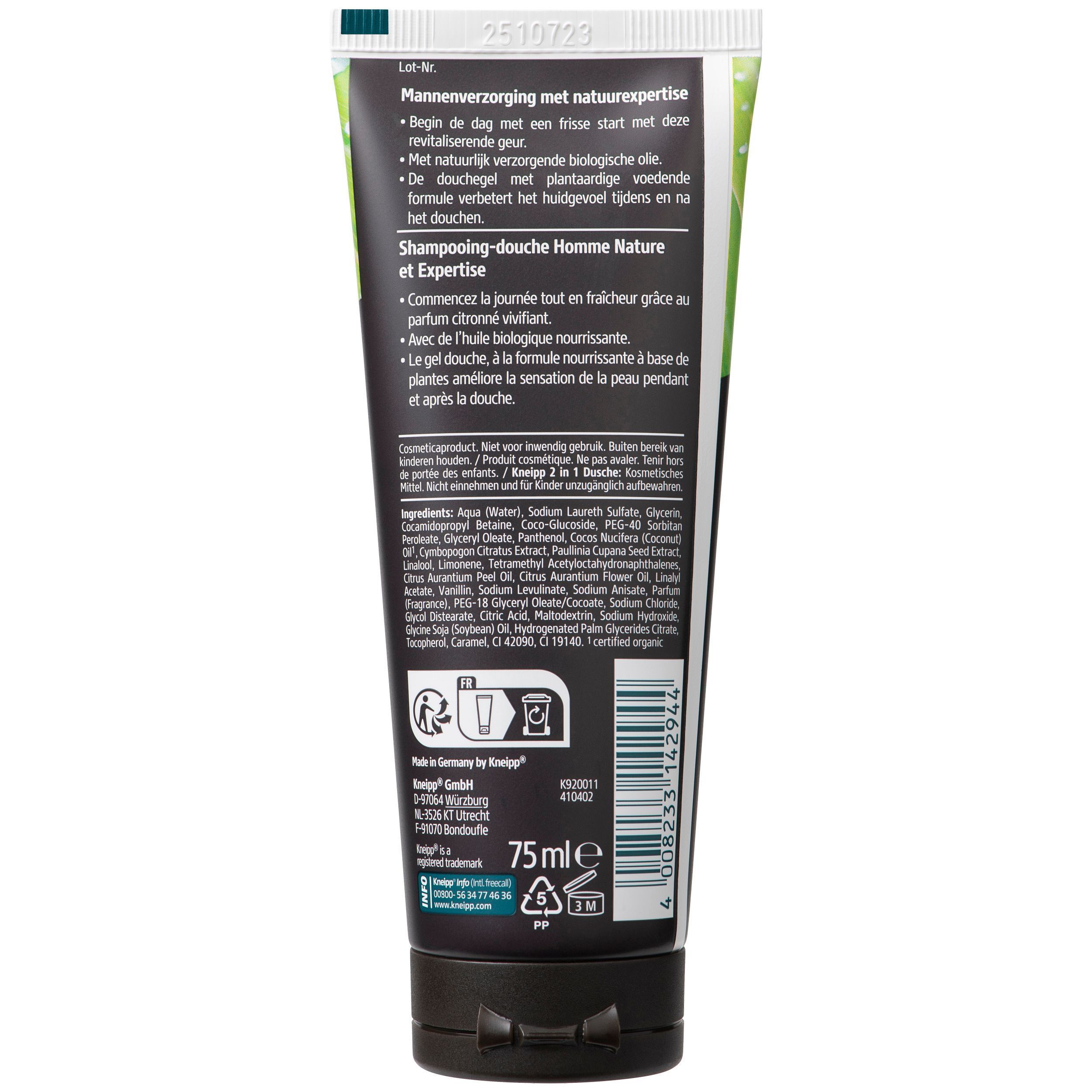 Arrière d'un tube de gel douche 2-en-1 Kneipp pour hommes, avec ingrédients et instructions.