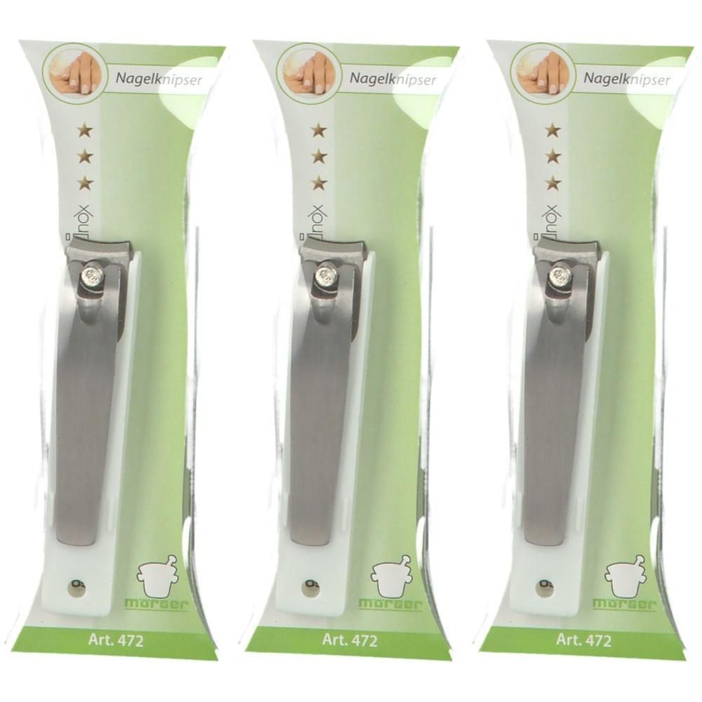 Trois coupe-ongles en acier inoxydable emballés individuellement. Marque: Morser, Art. 472.