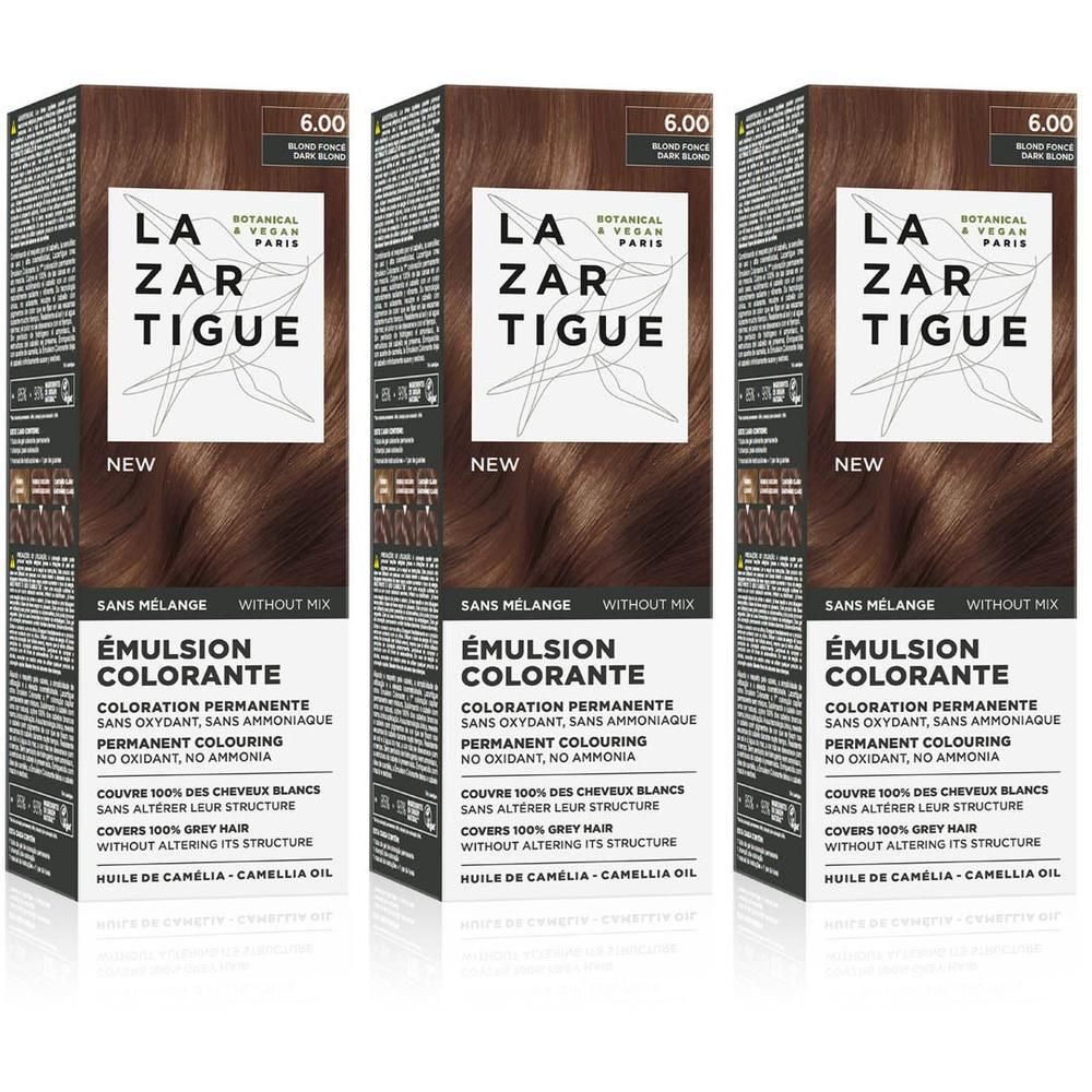 Trois boîtes de coloration permanente LAZARTIGUE, nuance 6.00 Blond Foncé. Sans oxydant, sans ammoniaque.