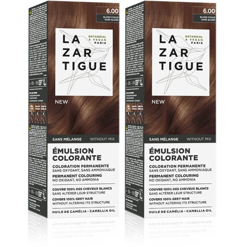 Deux boîtes de coloration permanente LAZARTIGUE, teinte 6.00 Blond Foncé. Sans oxydant ni ammoniaque.