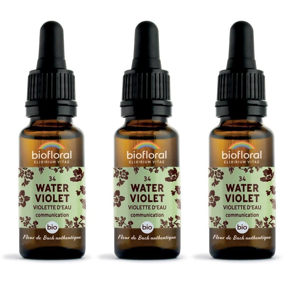 Drie Biofloral Water Violet druppelflaconnen naast elkaar.