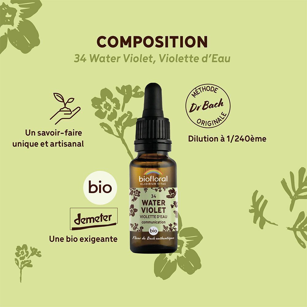 Flacon compte-gouttes Biofloral Water Violet avec détails de composition et labels bio.