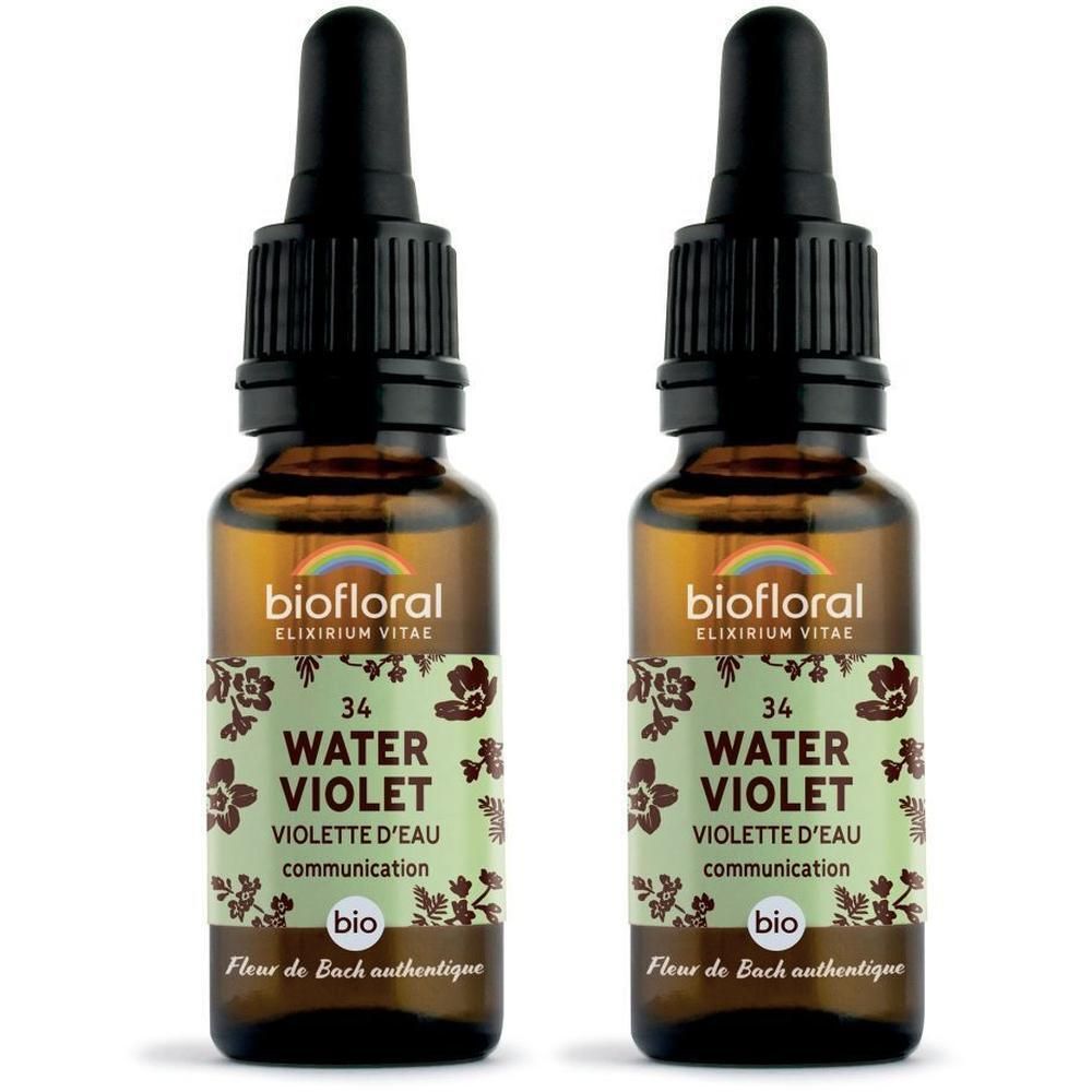 Twee flesjes Biofloral Water Violet Bach bloesem druppels met druppelaar.