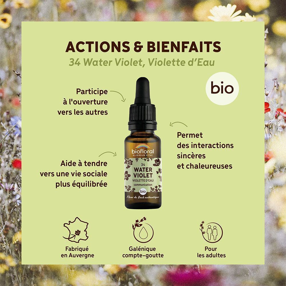Flacon de gouttes de Fleurs de Bach Biofloral Violette d'Eau avec compte-gouttes, entouré d'icônes.