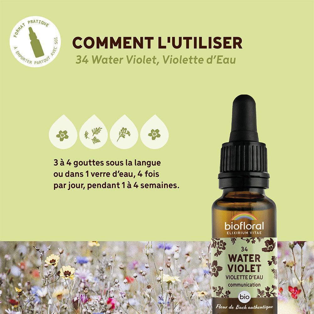 Flacon de gouttes de Fleurs de Bach Biofloral Violette d'Eau avec compte-gouttes, symboles d'utilisation.