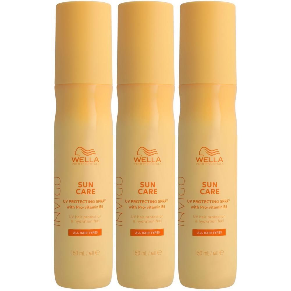 Trois flacons de Wella Invigo Sun Protect Spray côte à côte.