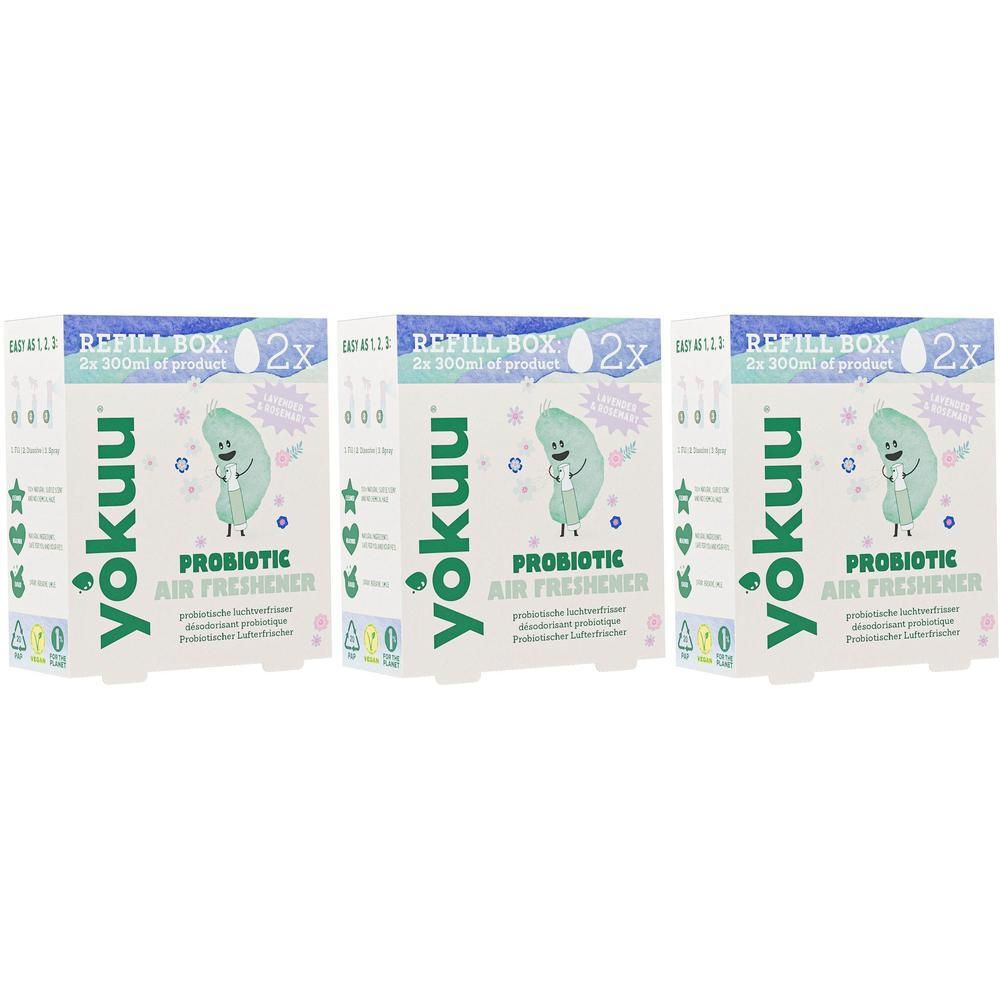 Trois boîtes Yokuu Désodorisant Probiotique Lavande & Romarin, 2x 300ml chacune.