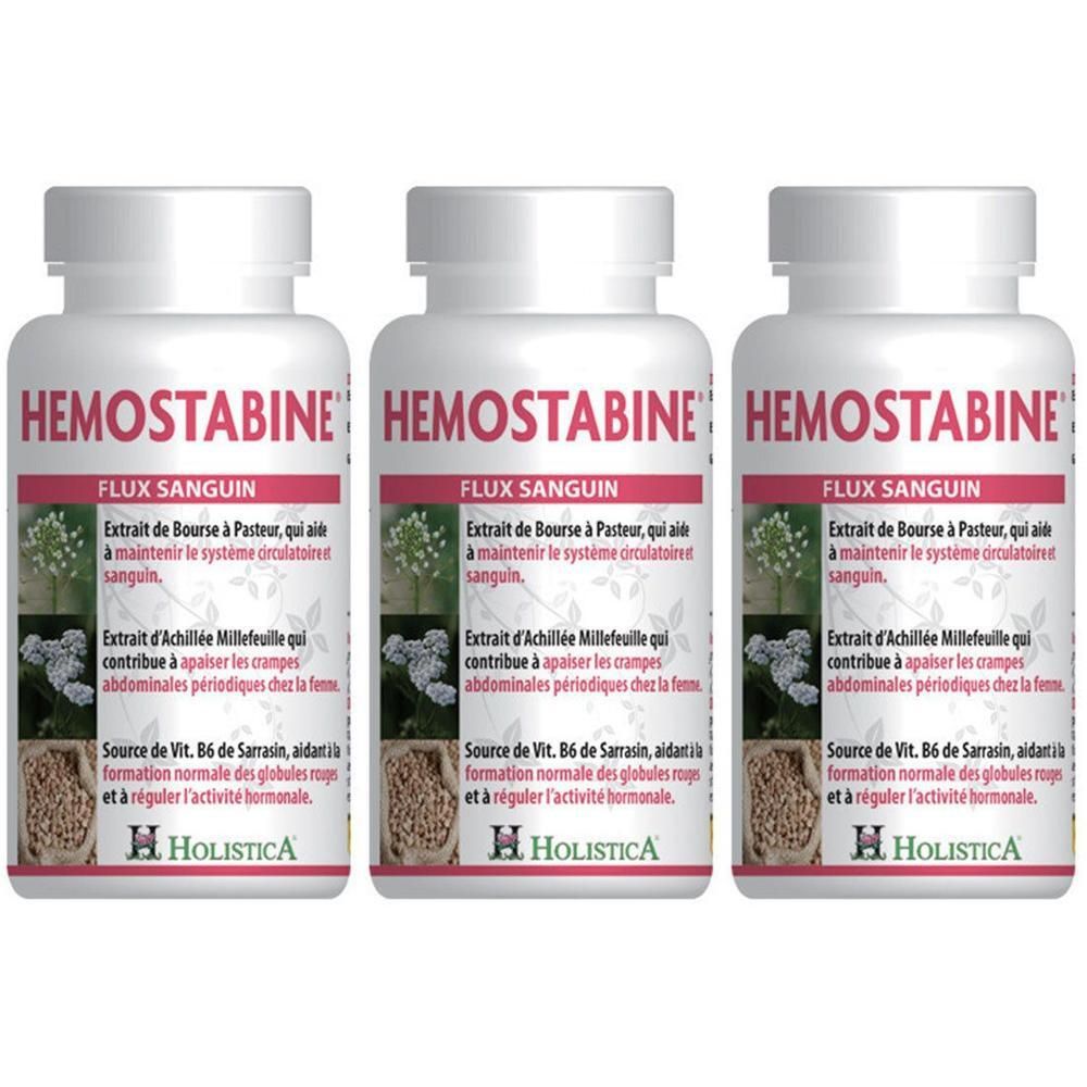 Trois flacons de Holistica Hémostabine® avec informations sur le flux sanguin.