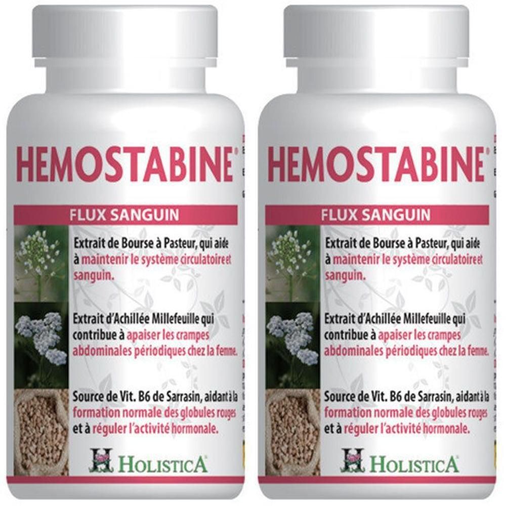 Twee flessen Holistica Hémostabine® met informatie over bloedstroom en ingrediënten.