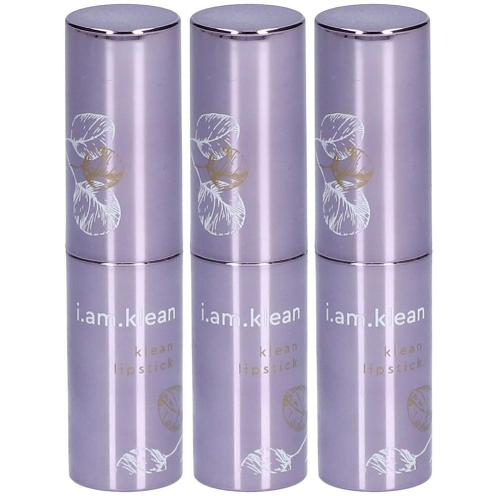Drie paarse lippenstiften met zilveren doppen en bladdesign. Merk: i.am.klean.