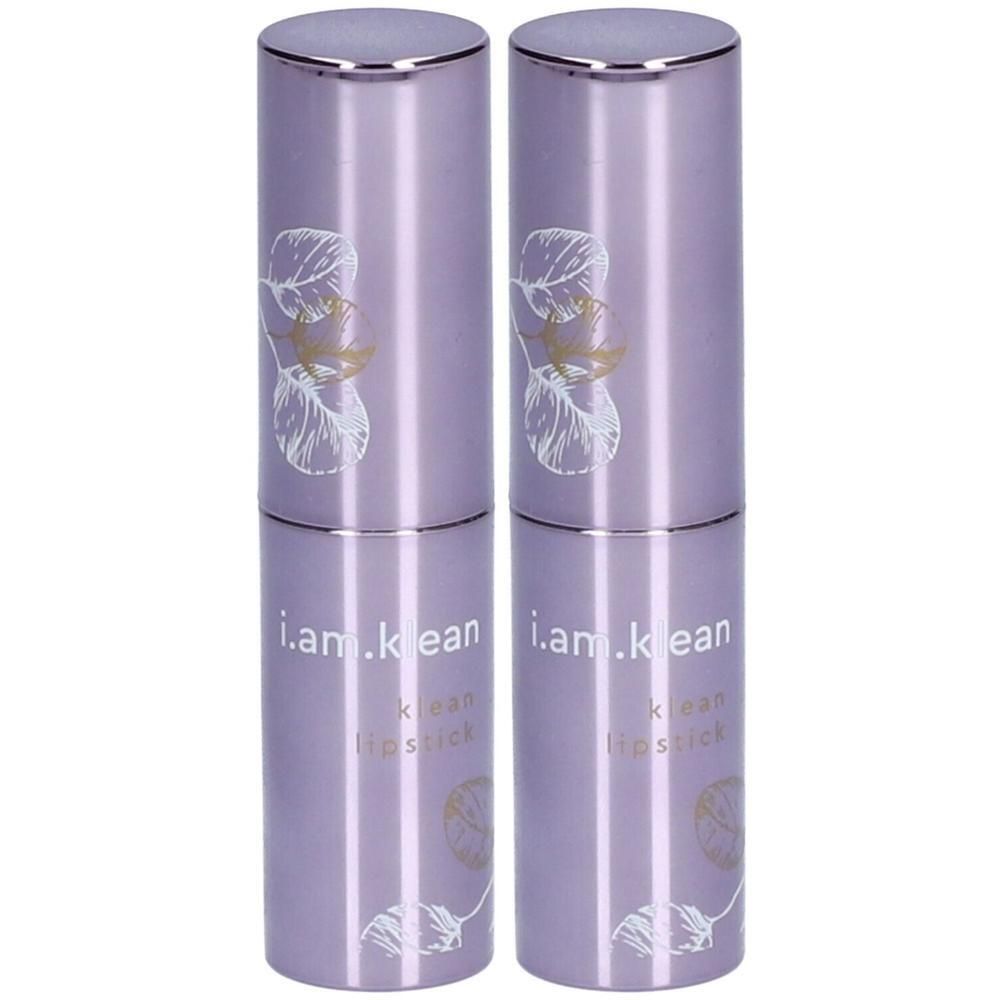 Twee i.am.klean lippenstiften in paarse verpakking met bladerenprint.