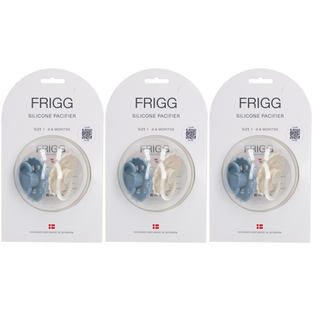 Trois sucettes FRIGG en silicone, tailles 1 (0-6 mois), bleu, crème et beige, emballées.