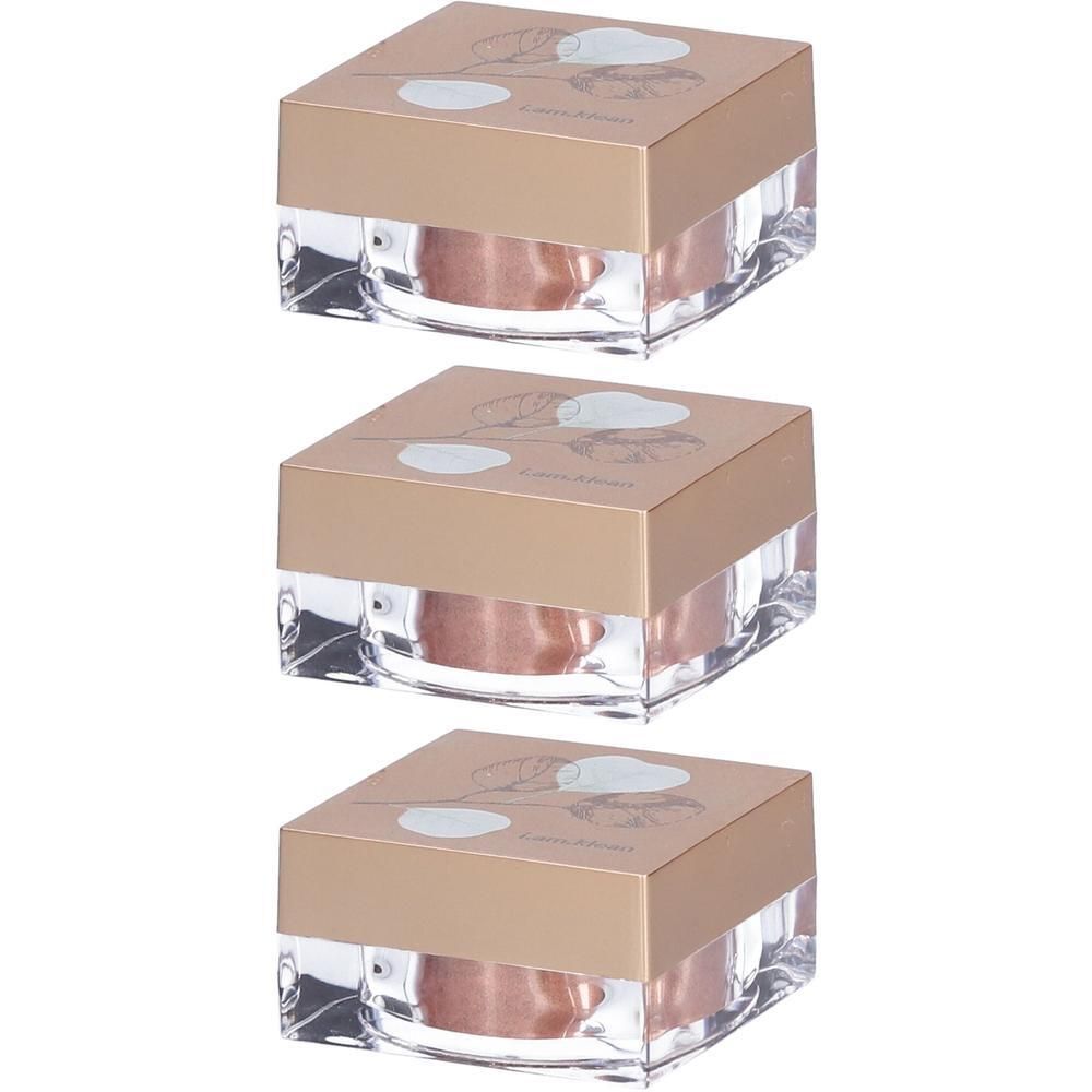 Drie vierkante potjes met koperkleurige oogschaduw. Transparante acryl basis met goudkleurig deksel en bloemmotief.
