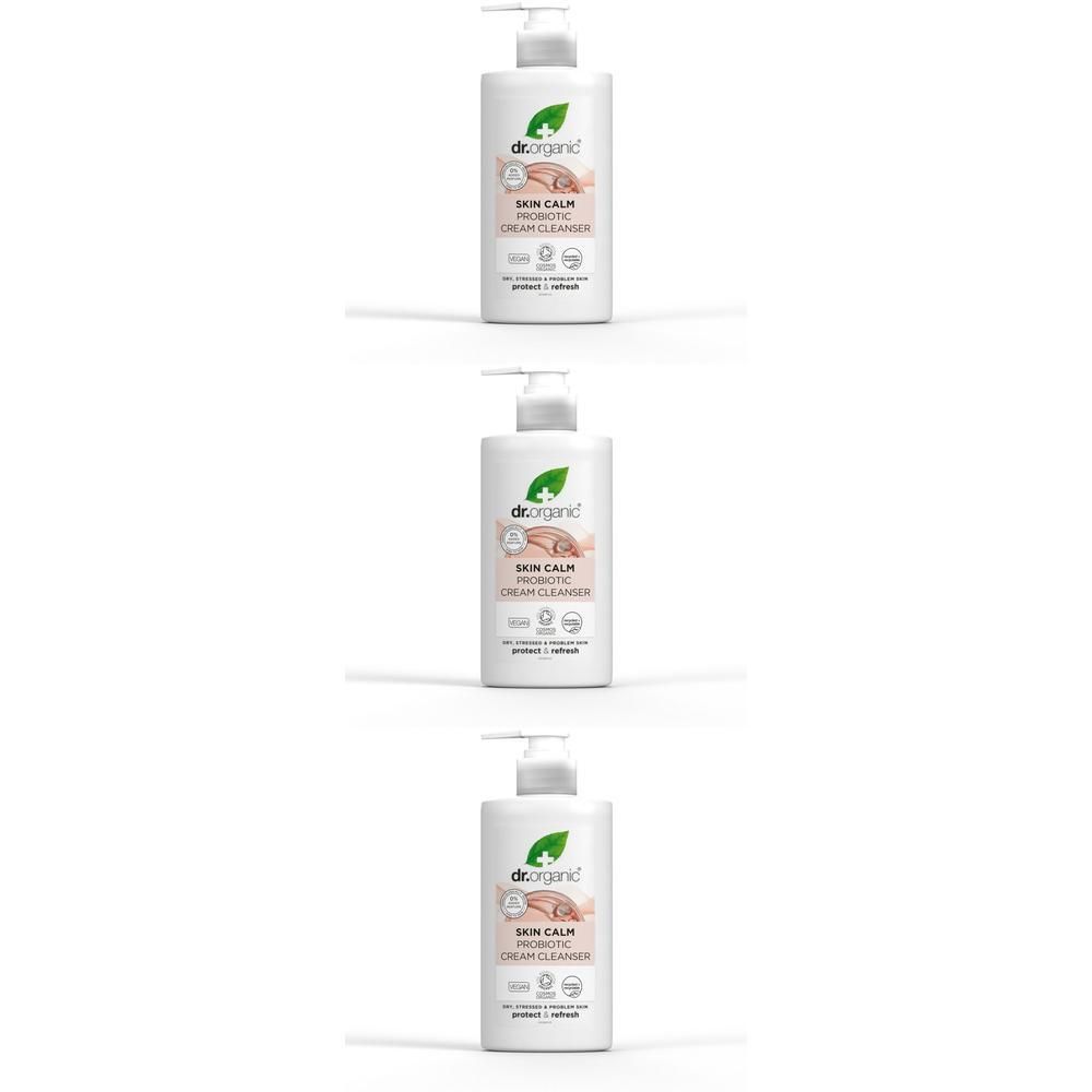 Drie witte pompflesjes met Dr. Organic Skin Calm Probiotic Cream Cleanser etiket.