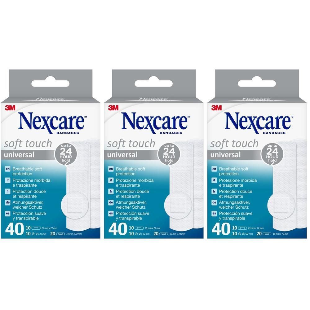 Trois paquets de pansements universels Nexcare Soft Touch.