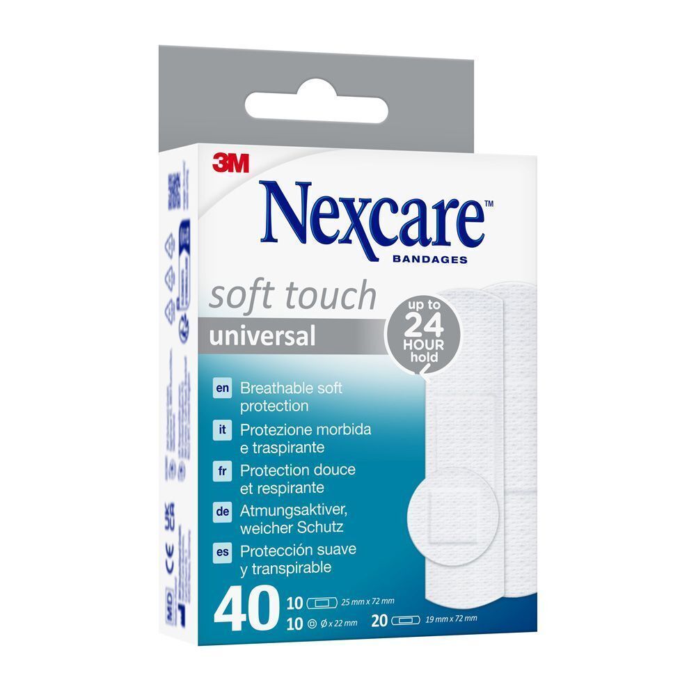 Een pak Nexcare Soft Touch universele pleisters met 40 stuks.