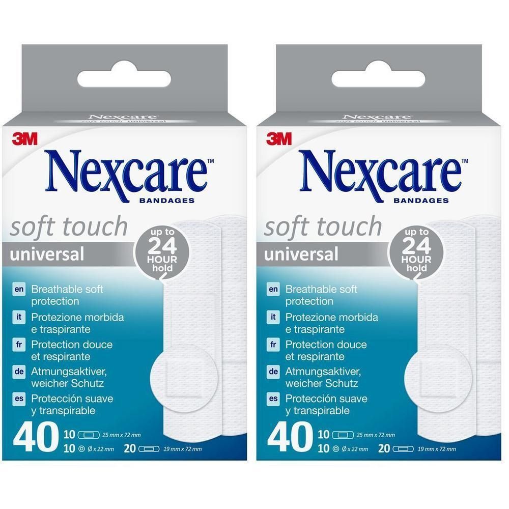 Deux paquets de pansements Nexcare Soft Touch Universel. Chaque paquet contient 40 pansements.