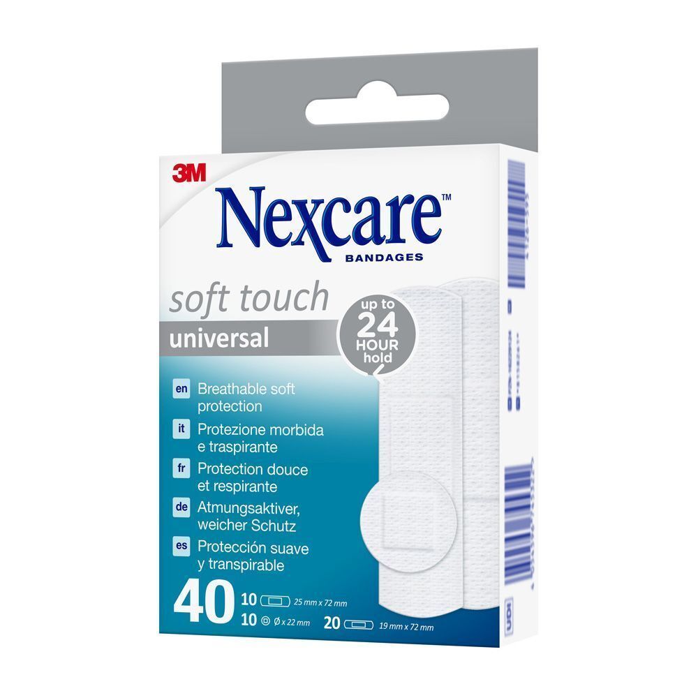 Achterkant van een pak Nexcare Soft Touch Universal pleisters met productinformatie.