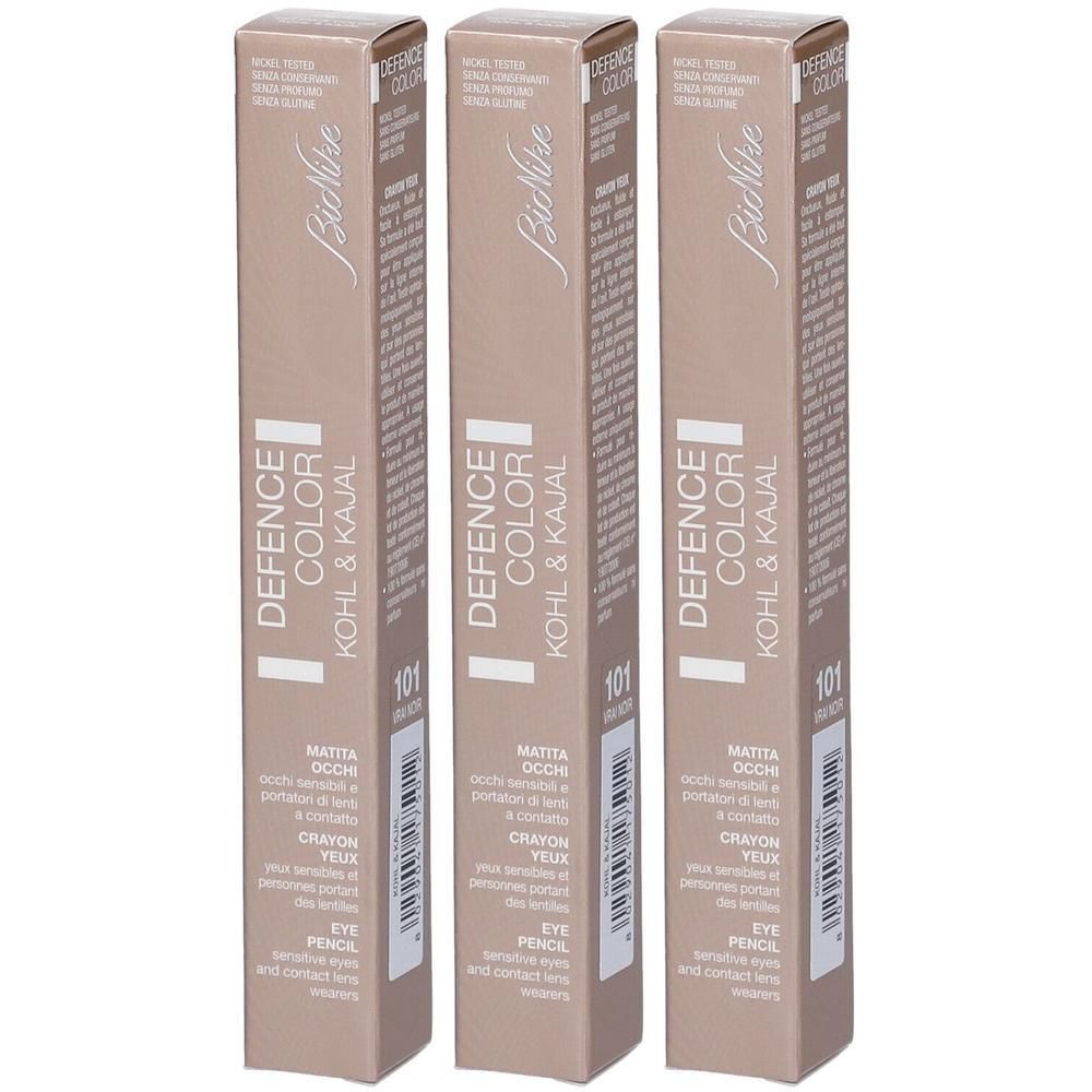 Trois paquets de BioNike Defence Color Kohl & Kajal, couleur 101, pour yeux sensibles.